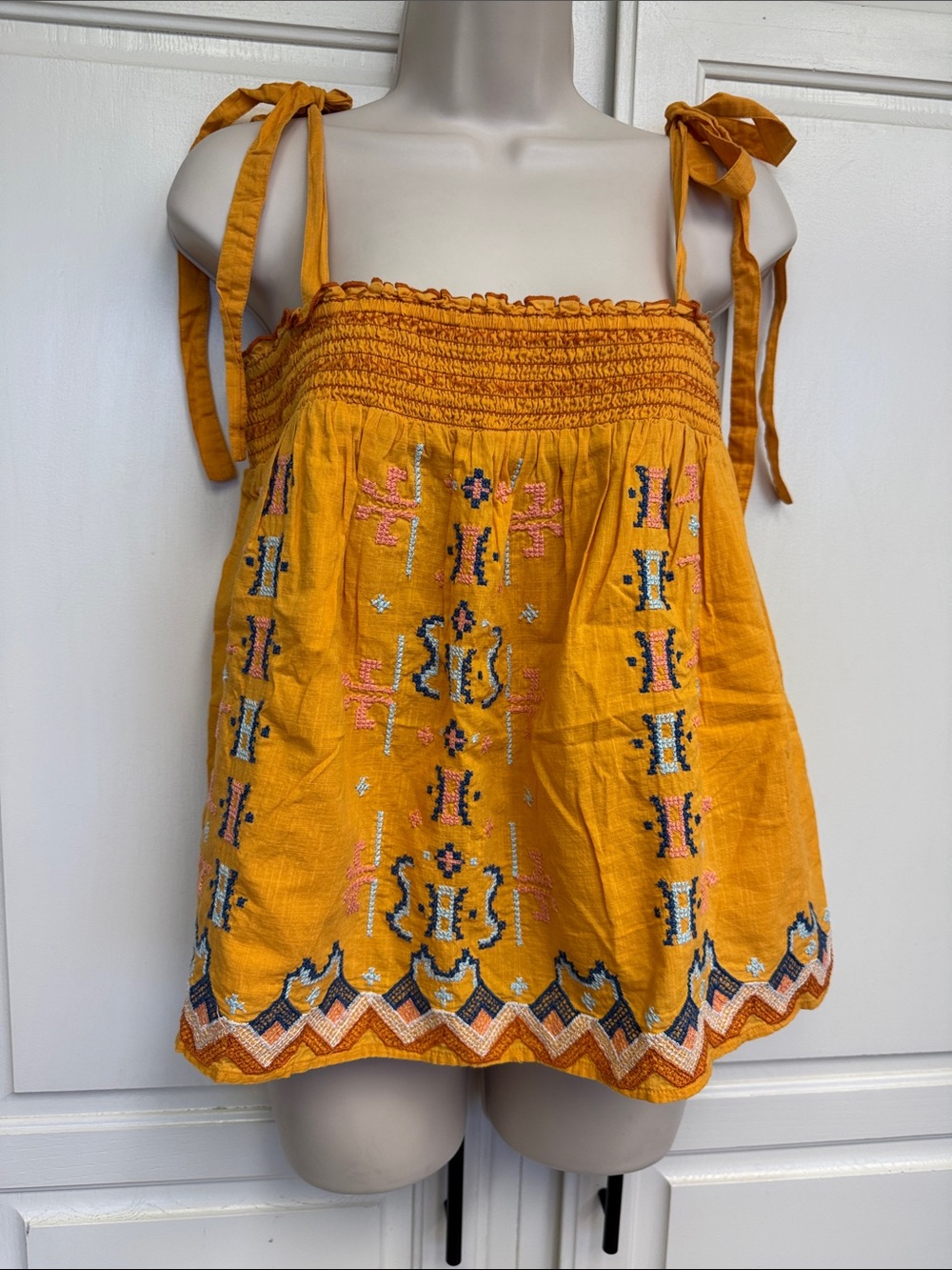 Yellow Orange Anthropologie Embroidered Tie-Shoulder Top